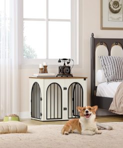 26.8'' Wooden Dog Crate Furniture, Indoor Dog Kennel Dogs Cage for Small Dogs, Heavy Duty Dog Crates Decorative Pet House End Side Table TV Stand, White Brown DFC85514B - 3