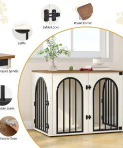 26.8'' Wooden Dog Crate Furniture, Indoor Dog Kennel Dogs Cage for Small Dogs, Heavy Duty Dog Crates Decorative Pet House End Side Table TV Stand, White Brown DFC85514B - 7
