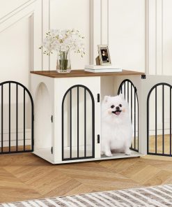 26.8'' Wooden Dog Crate Furniture, Indoor Dog Kennel Dogs Cage for Small Dogs, Heavy Duty Dog Crates Decorative Pet House End Side Table TV Stand, White Brown DFC85514B - 9