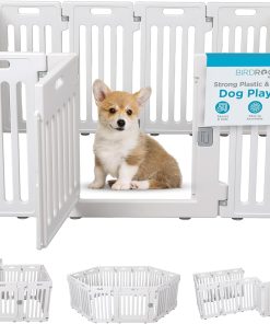 BIRDROCK HOME Pet Playpen with Door - 12 Panel - Strong Plastic - Puppy Safety Fence Pen Playpen - Non-Slip and Secure Dog Gate - White - 1