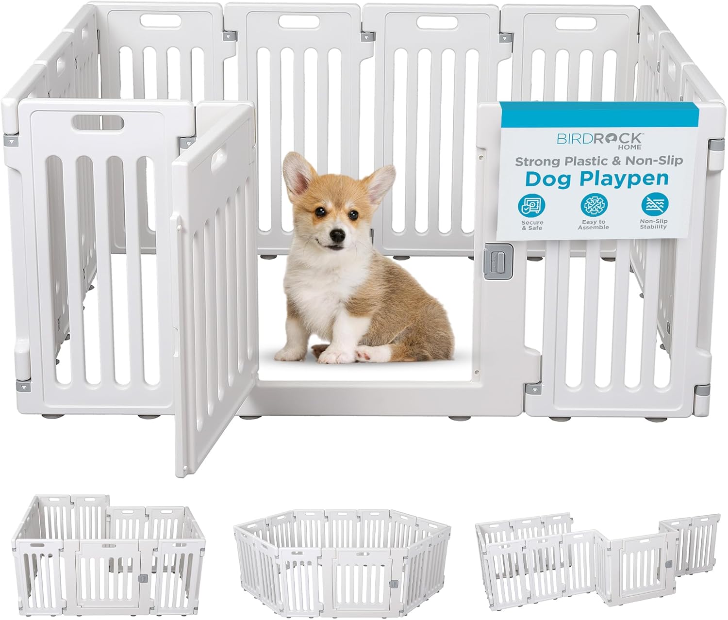 BIRDROCK HOME Pet Playpen with Door - 12 Panel - Strong Plastic - Puppy Safety Fence Pen Playpen - Non-Slip and Secure Dog Gate - White - 1