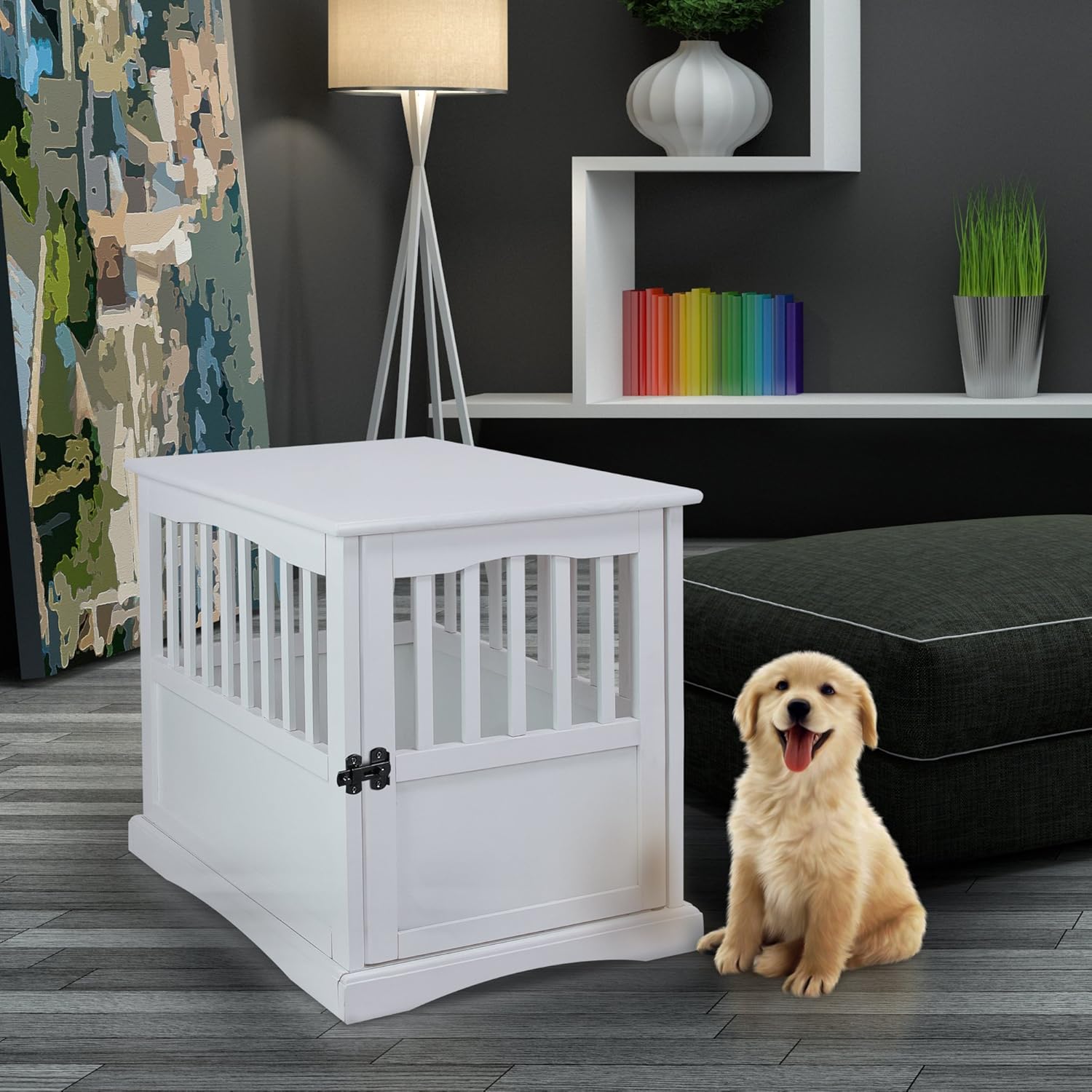 Casual Home Wooden Decorative Indoor Kennel Dog Crate End Table Night Stand Furniture with Lockable Gate for Medium Pets Up to 25 Pounds, White - 2