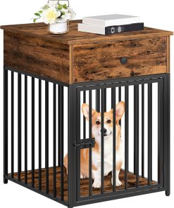 HOOBRO Dog Crate Furniture, Wooden Dog House, Decorative Dog Kennel with Drawer, Indoor Pet Crate End Table for Small Dog, Steel-Tube Puppy Cage, Chew-Proof, Rustic Brown and Black - 1