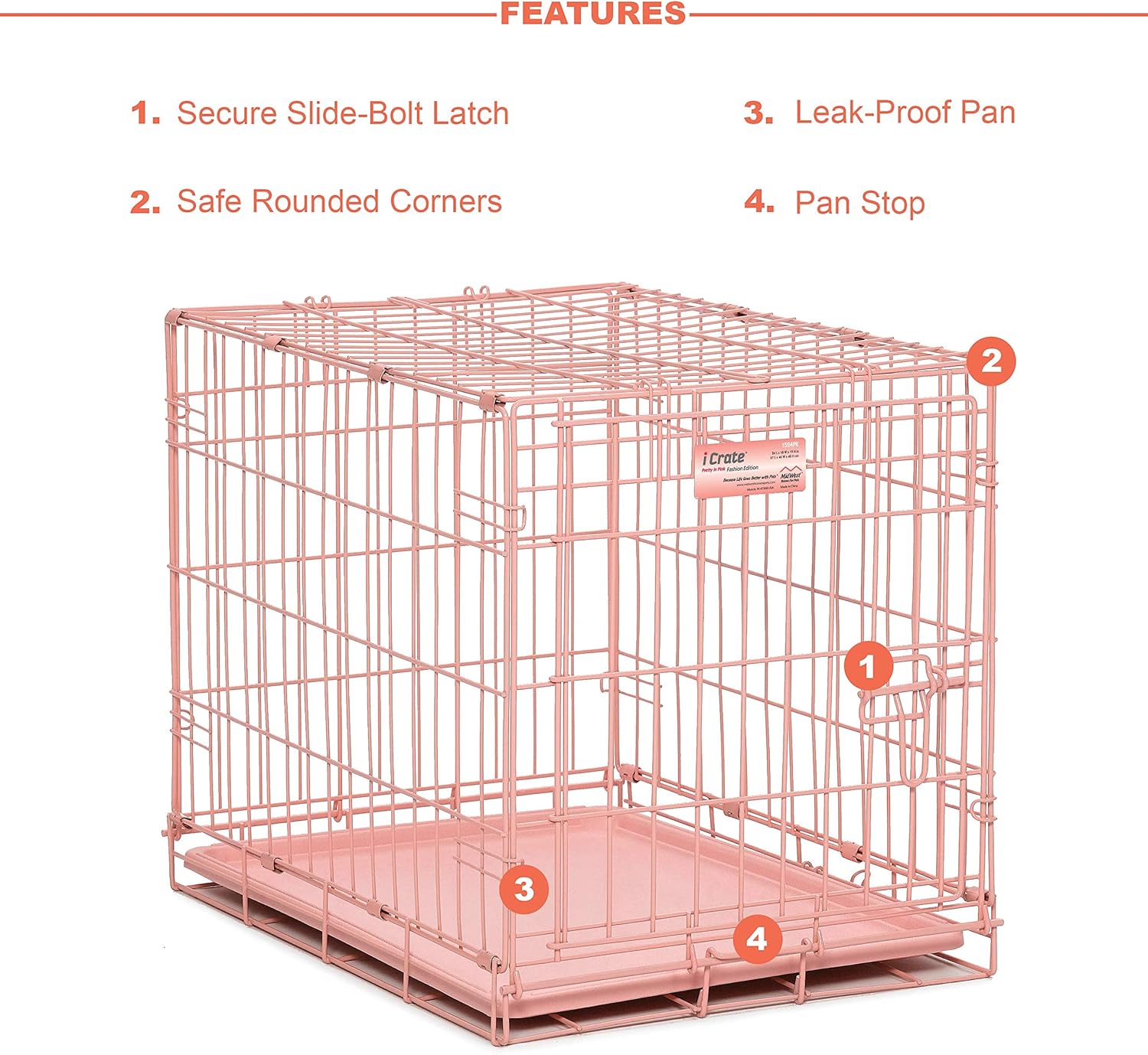 MidWest Homes for Pets 24-Inch Pink Fashion iCrate Single Door Folding Dog Crate, Enhanced Security, Includes Leak-Proof Pan, Divider Panel, Handle, Rubber Feet - 3