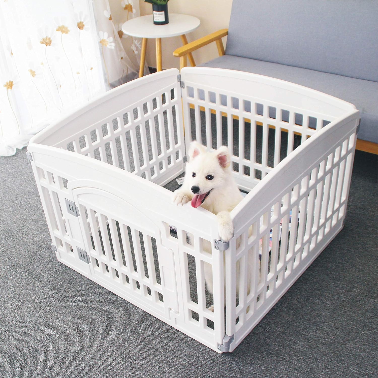 Pet Playpen Gate for Dogs Heavy Plastic Puppy Exercise Pen Small Pets Fence Puppies Folding Cage 4 Panels for Puppies and Small Dogs House White - 1