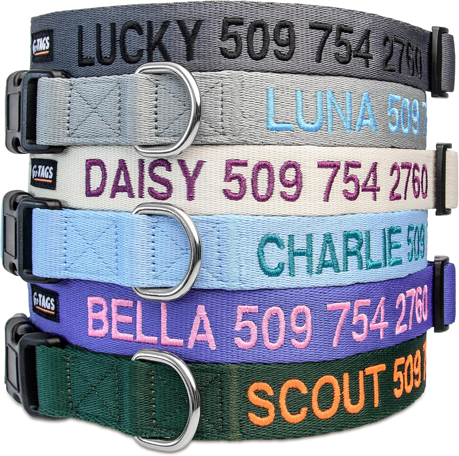 GoTags Personalized Dog Collar, Custom Embroidered with Pet Name and Phone Number in Blue, Black, Pink, Red and Orange, for Boy and Girl Dogs or Cats, Adjustable Sizes, Small, Medium, and Large - 2