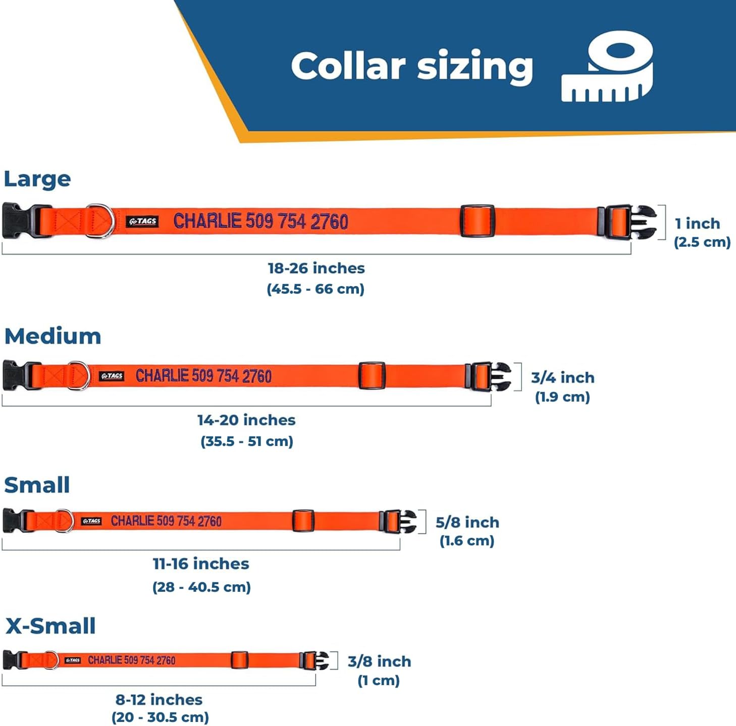 GoTags Personalized Dog Collar, Custom Embroidered with Pet Name and Phone Number in Blue, Black, Pink, Red and Orange, for Boy and Girl Dogs or Cats, Adjustable Sizes, Small, Medium, and Large - 8