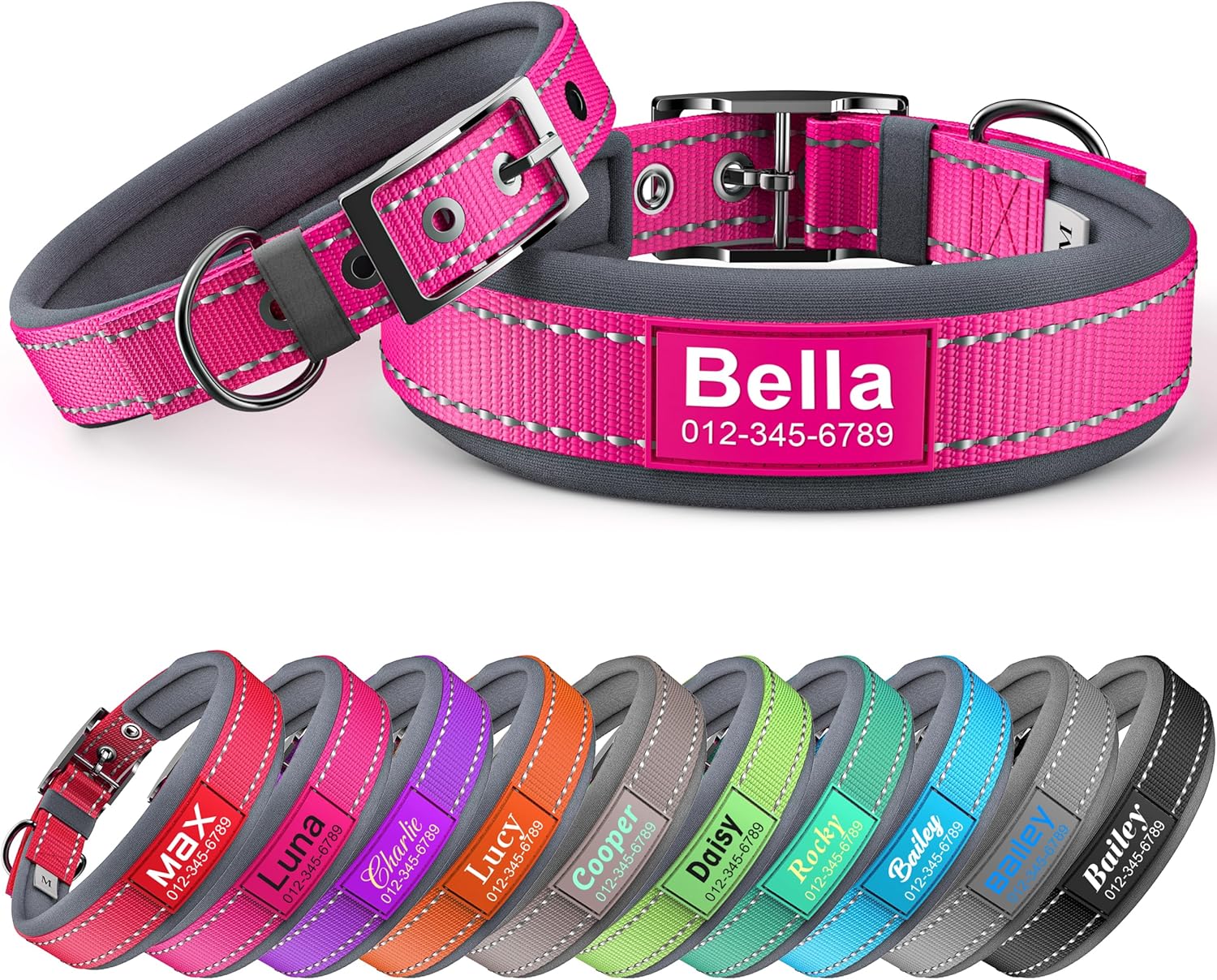 Personalized Dog Collar with Name & Phone Number - Reflective Ultra Wide Soft Neoprene Padded - Durable Metal Buckle for Large, Medium, and Small Dogs in Pink, Purple, Blue & Other Stylish Colors - 1