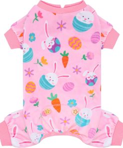 KYEESE Easter Dog Pajamas, Soft Dog Pajamas for Small Dogs Girl, Stretchy Dogs Pjs Velvet Puppy Jumpsuit with Eggs & Bunny Pattern, Comfy Lightweight Pet Outfit, Pink, S - 1