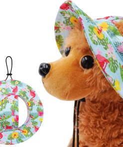 Dog Hat for Small Dogs with Ear Hole Round Brim Bucket Outdoor Sun Hat Protection Neck Strap Adjustable Pet Caps Puppy Doggy Cats Flower Hawaiian Flamingo Green S - 1