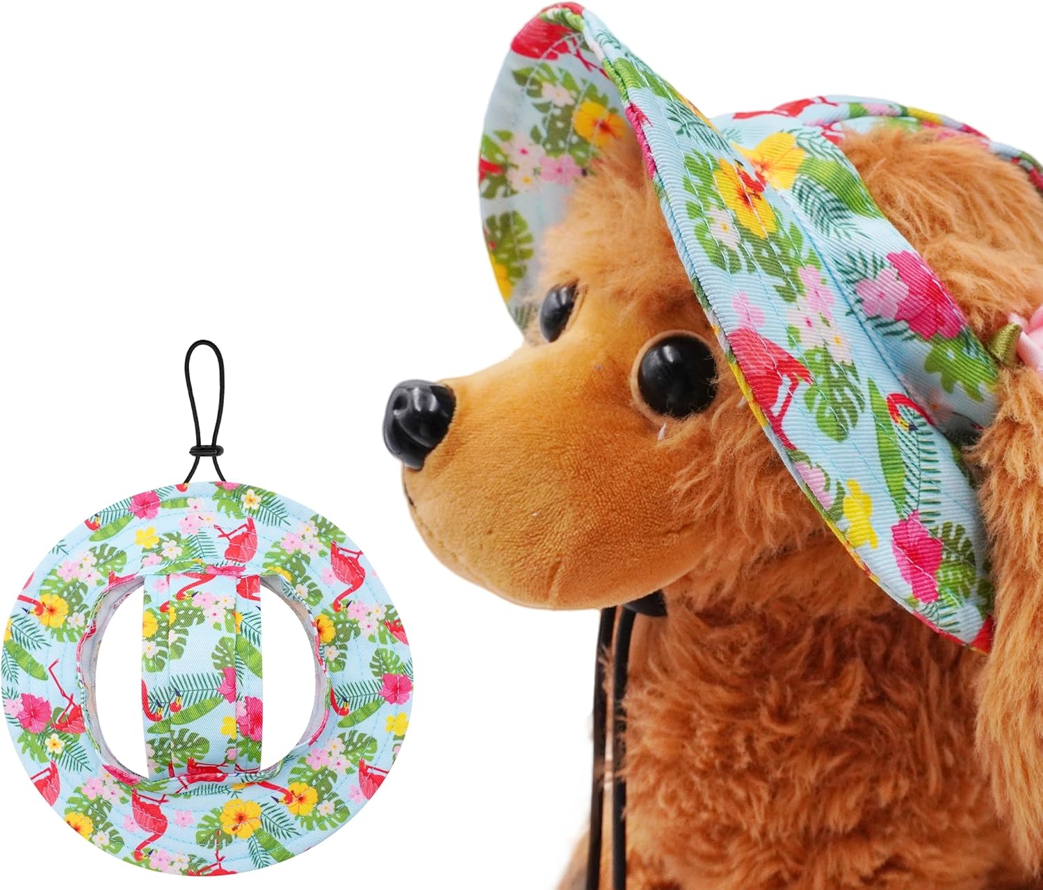 Dog Hat for Small Dogs with Ear Hole Round Brim Bucket Outdoor Sun Hat Protection Neck Strap Adjustable Pet Caps Puppy Doggy Cats Flower Hawaiian Flamingo Green S - 1