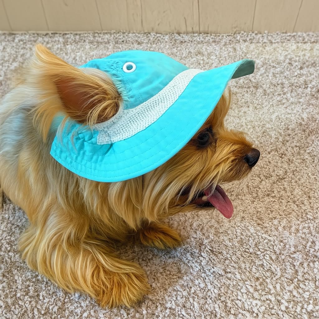 Dog Outdoor Hat with Ear Hole Round Brim Summer Dog Puppy Cat Suncare Cooling Bucket Hat Cute Active Sun Protection Pet Caps (Blue, Medium) - Image 2
