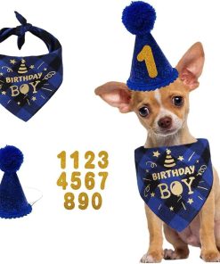 IVYRISE Dog Birthday Party Set, Triangle Scarf & Number Hat & Banner, Blue, Cotton, 13 Piece Set - 1