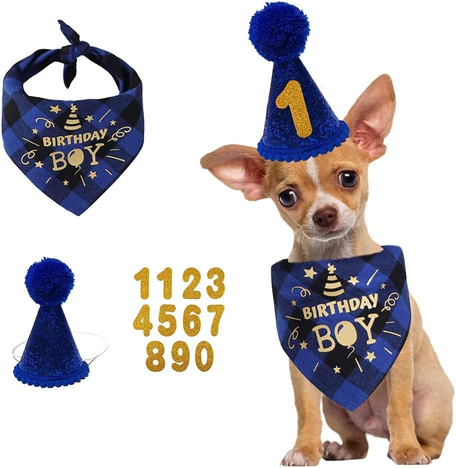 IVYRISE Dog Birthday Party Set, Triangle Scarf & Number Hat & Banner, Blue, Cotton, 13 Piece Set - 1