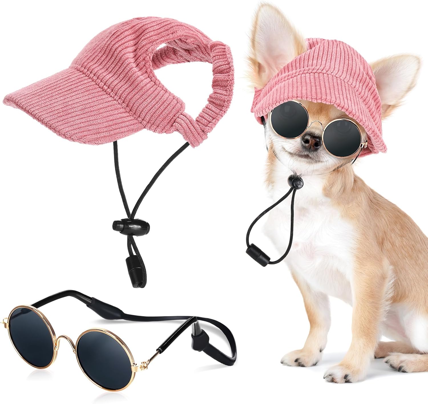 Jadive Small Dog Sun Hat with Ear Holes, Dog Cat Sunglasses with Anti-Slip Silicone Rope Baseball Cap Adjustable Puppy Sunbonnet Headdress Beach Visor Hat for Puppies Summer Outdoor(Pink) - 1