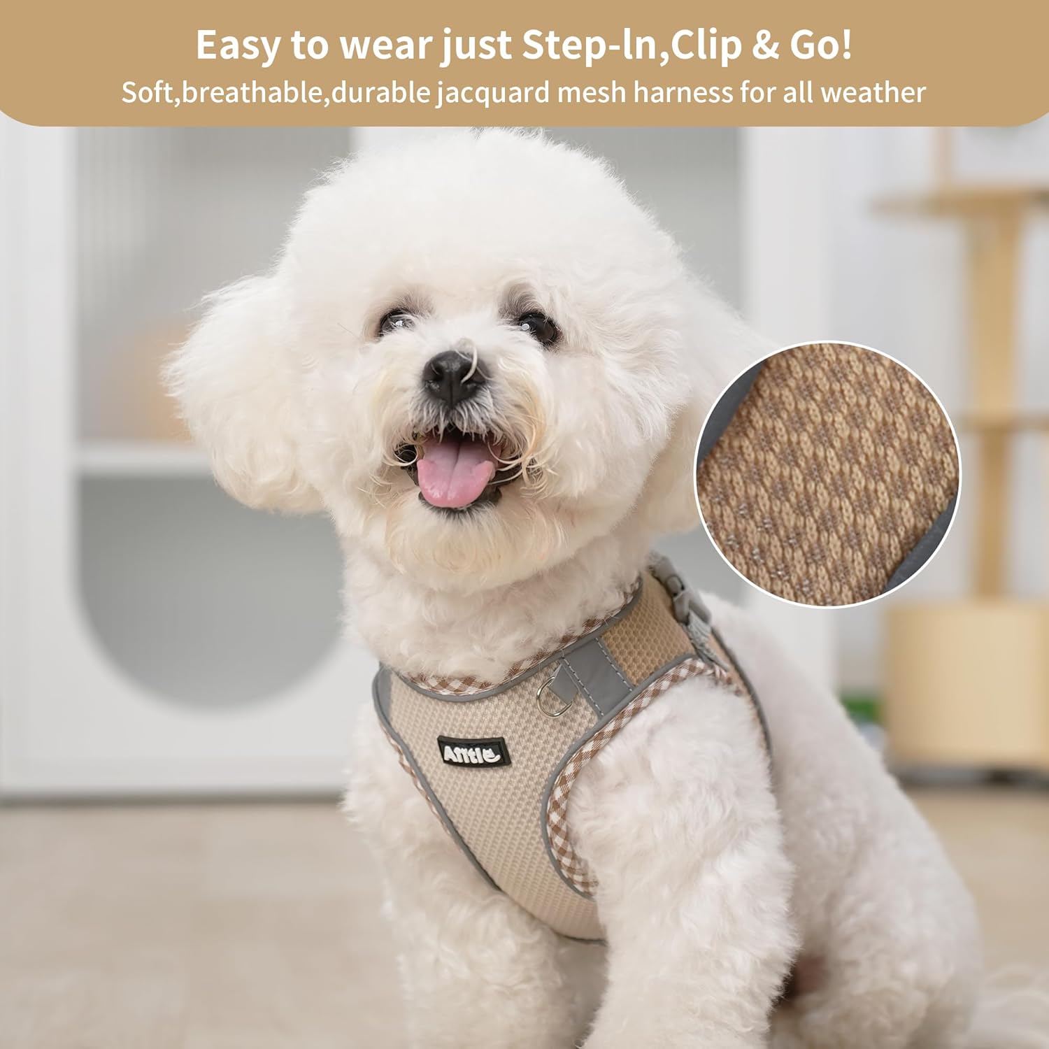 AIITLE Tiny Dog Harness - Lightweight Mesh Step-in Vest for Puppy, Reflective & Escape-Proof Design with High-Stick Magic Tape - Indoor/Outdoor Use for Chihuahua, Maltese, Shih Tzu(Brown-Beige, XXXS) - Image 9